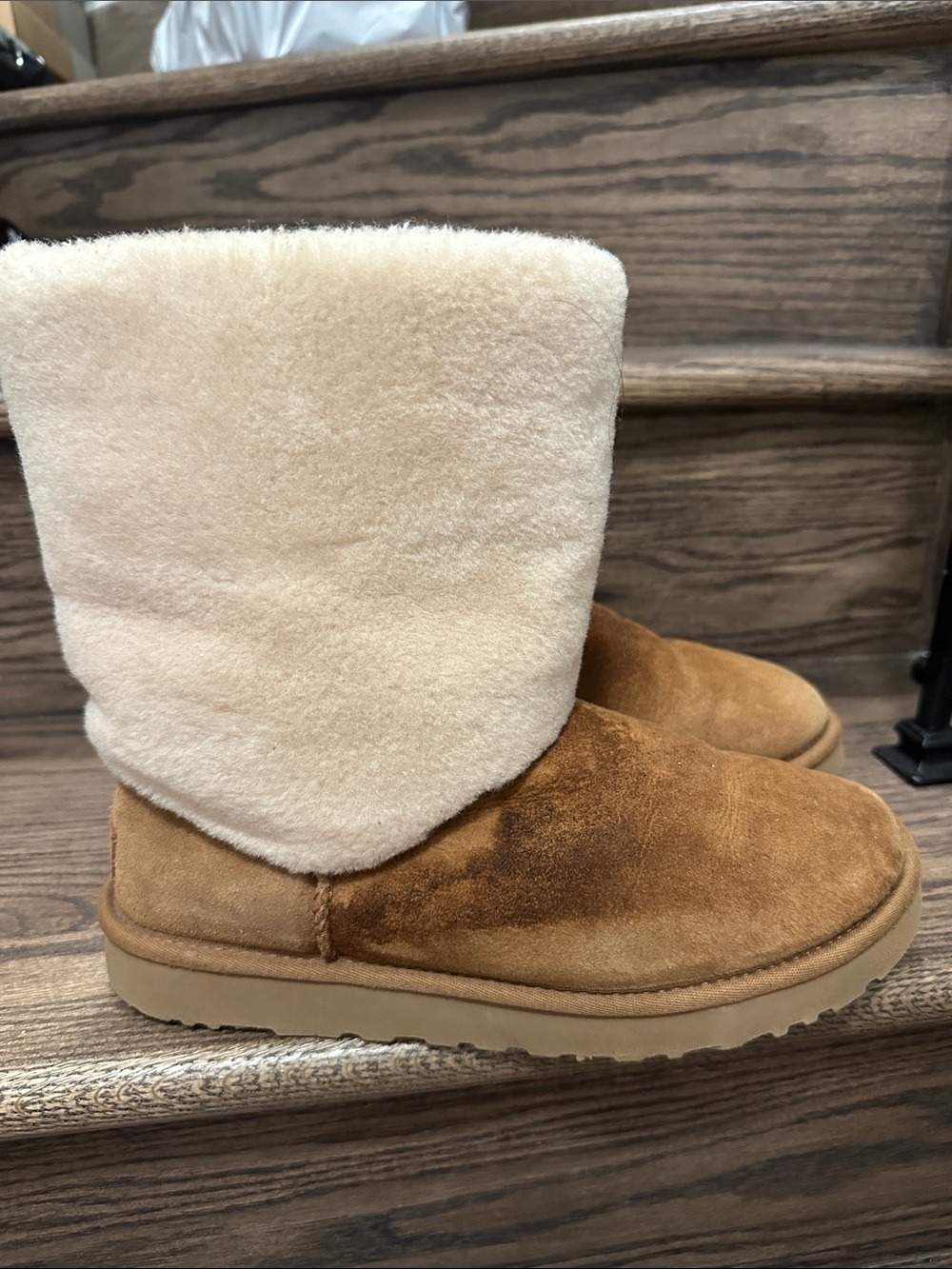 UGG Classic Short II Sherpa Cuff Chestnut Suede & Cream Shearling Boots